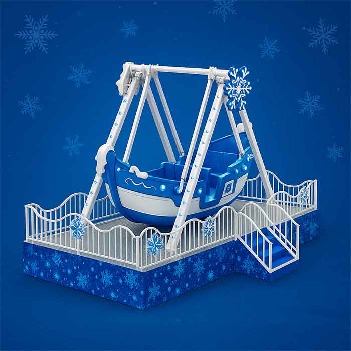 Mavi beyaz renkli çocuk gondolu, Eg Lunapark üretimi, LED ışıklı kış temalı mini gemi salıncağı